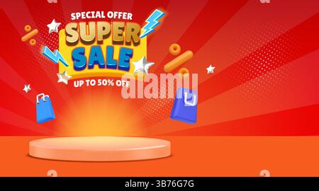 Sale background. Promo offer with flash and podium, big mega deal discount. Showcase product coupon. Product presentation banner. Special flyer, copy space for text vector design isolated illustration Stock Vector