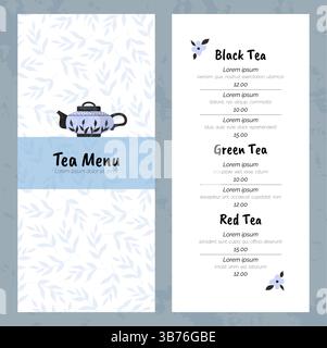 Tea menu template. Cover and page with copy space for text and prices. Cozy tableware for tea drinking. Flyer design. Cafe or restaurant typography. Vector cartoon flat style isolated illustration Stock Vector
