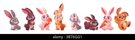 Cute rabbit. Cartoon easter bunny, hare pet characters or farm in different poses, forest animals. Funny various isolated set. Domestic mammals for holiday decoration. Vector childish illustration Stock Vector
