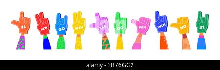 Fan team. Baseball sport finger glove. Best favorite hand for fun stadium. Foam supporter accessories. Win phrases. Competition cheers. Players support. Human arms gestures set. Vector cartoon concept Stock Vector