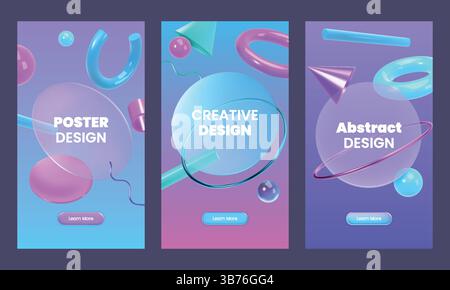 3d glass shapes. Geometric ball object, memphis metal ring on fashion graphic poster. Fun ui spheres. Minimal cover or flyer design. Vector contemporary background, isolated glossy render elements Stock Vector