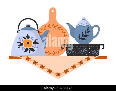 Kettle on shelf. Cozy tableware for tea drinking. Ceramics with cute floral patterns. flower decorative teapots. Kitchen crockery and pottery dishware, vector cartoon flat style isolated illustration Stock Vector