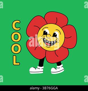Retro cartoon poster. Cartoon floral character walking. Groovy flower with funky face and legs. Cool smile mascot. Funny comic daisy bloom. Positive emotion expression. Plant emoji. Vector hippie card Stock Vector