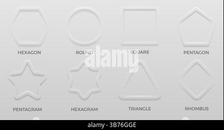 White frame. 3D luxury abstract background. Minimal emboss texture effect or light octagon shape. Clean round render. Triangle and hexagon. Modern figures with inscriptions. Vector geometric icons set Stock Vector