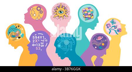Different mind. Autism brain. Human silhouette head with puzzle. People mindset poster. Health support. Psychology perception. Creative or analytic think. Intelligence personality. Vector background Stock Vector