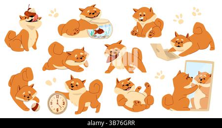 Cute dog. Funny puppy pet, animal play characters for happy birthday or business activity, life work concept, japanese breed kawaii shiba animal, funny mascot. Vector cartoon flat style isolated set Stock Vector