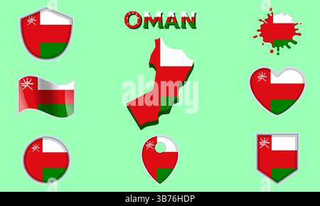 Collection of flags and coats of arms of Oman in flat style with map and text Stock Vector