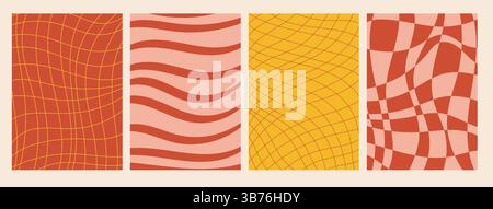 Set of groovy posters with checkered and striped patterns in vibrant retro colors, featuring wavy lines and optical illusions, ideal for vintage inspi Stock Vector