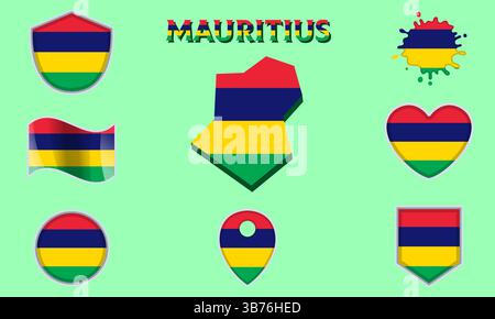 Collection of flags and coats of arms of Mauritius in flat style with map and text Stock Vector