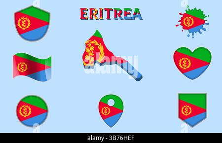 Collection of flags and coats of arms of Eritrea in flat style with map and text Stock Vector