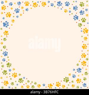 Colorful round frame filled with multicolored dog paw prints on beige background, ideal for pet designs, animal care branding, and playful decorations Stock Vector