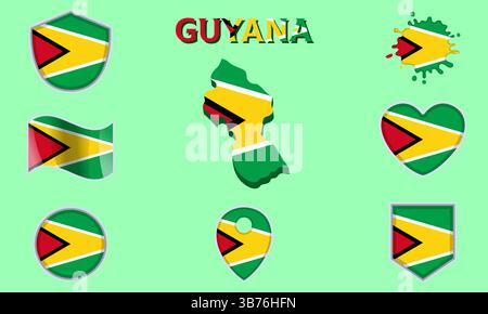 Collection of flags and coats of arms of Guyana in flat style with map and text Stock Vector