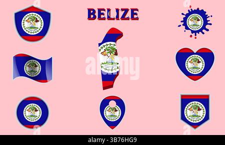 Collection of flags and coats of arms of Belize in flat style with map and text Stock Vector