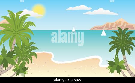 Summer Sea Beach Landscape featuring sun, clear blue sky, calm ocean, palm trees and sandy shore, evoking a relaxing tropical vacation vibe, ideal for Stock Vector