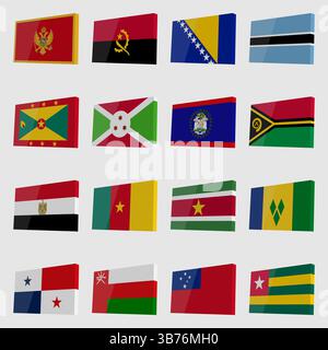Large set of vector 3D flags with highlights in isometric style Stock Vector