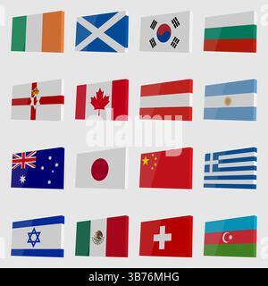 Set of vector isometric national flags with glare Stock Vector
