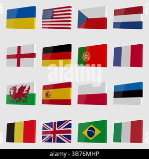 Set of vector 3D flags with highlights in isometric style Stock Vector