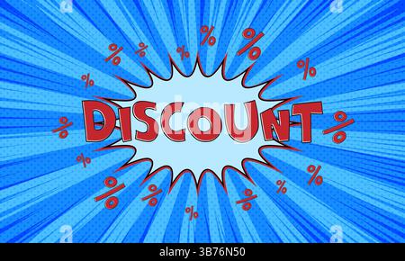 Vector blue advertising banner with text discount in pop art comics style Stock Vector