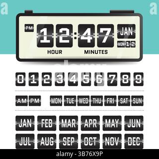 A vector set of flip clock UI elements including numbers, weekdays, and months. Ideal for creating custom digital time displays in apps, web, or print Stock Vector