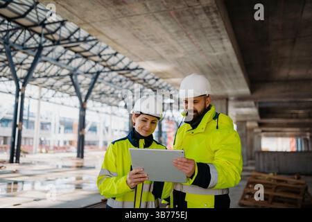 Engineers discussing construction plans using a tablet on site. Stock Photo