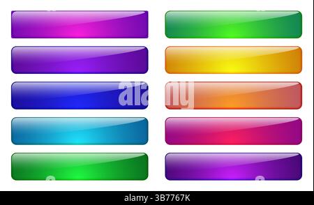 3d rectangle web glass button vector in blue, pink, purple, green, orange color. Glossy banner frame search bar, rectangular label sign for website. Stock Vector