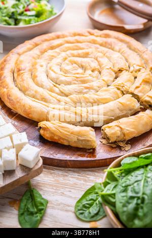 Spanakopita, greek phyllo pastry pie with spinach and feta cheese filling Stock Photo