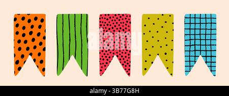 Colorful flag shape sticker or bookmark set with abstract hand drawn pattern. Fun vector elements for paper design, memo decoration, diary projects Stock Vector