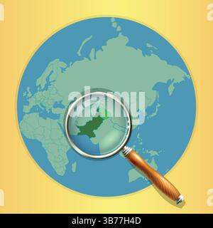 Map of the world with a magnifying glass on a map of Pakistan. Detailed map of and neighboring countries in the magnifying glass. Stock Vector