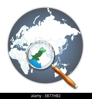 Map of the world with a magnifying glass on a map of Pakistan. Detailed map of Pakistan and neighboring countries in the Pakistan magnifying glass. Stock Vector