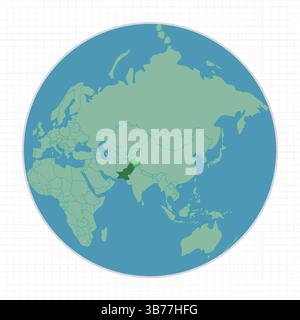 Earth Globe view of the World map in light green. Pakistan is pointed out on the map in dark green. and watercolor in blue. Stock Vector