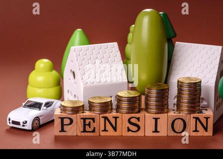 Inscribe Pension as a conceptual backdrop for a savings fund, stockpile of funds, property or a car in retirement Stock Photo
