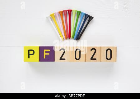 P.F.2020 - an inscription from children's wooden blocks and golf tees - Flat Lay Photography Stock Photo