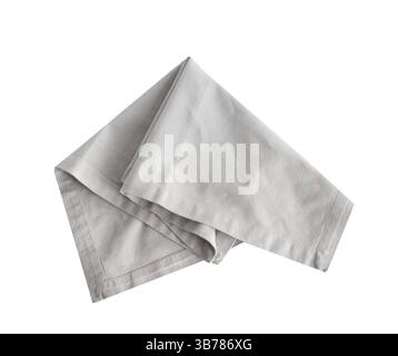Grey folded kitchencloth isolated on white. Cloth, crumpled towel. Dishcloth nobody single object.Hessian  vintage napkin. Stock Photo