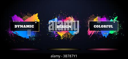 Vector illustration. Bright color dynamic backgrounds set. Modern art graphic. Ink brush stroke frame with text. Paint splash and halftone dots Stock Vector