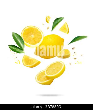 Lemon slices and leaves splash composition. Citrus pieces isolated on white. Summer refreshment concept, object nobody. lemons flying. Stock Photo