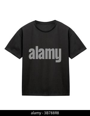 Black cotton t-shirt isolated on white, male tshirt object nobody, men's shirt front side. Basic cloth. Stock Photo
