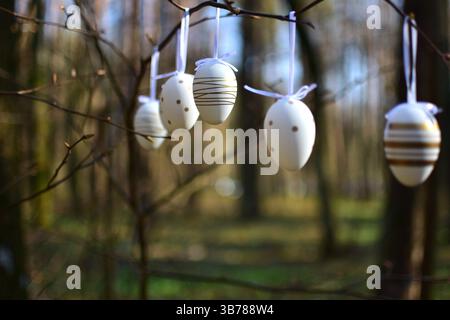 Easter eggs decoration hanging on tree branches in the forest sunny day. Concept of minimal easter decorations outside blurry background. Stock Photo