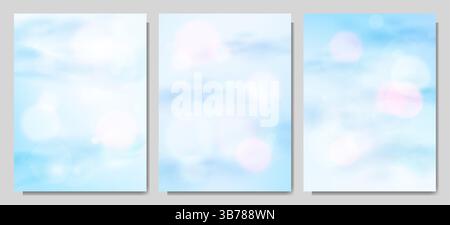 Vector illustration. Blurred soft clouds layer background. Light, airy backdrop design. Realistic cloudy sky with bokeh lights effect. Graphic element Stock Vector