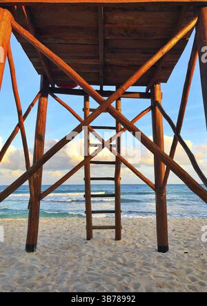 Wooden watchtower on the empty beach at sunset, Cancun, Yucatan, Mexico, Central America Stock Photo
