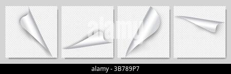 Vector illustration. Set of 4 realistic curled glossy paper corners with shadow effects on transparent backgrounds. Folded blank page elements Stock Vector