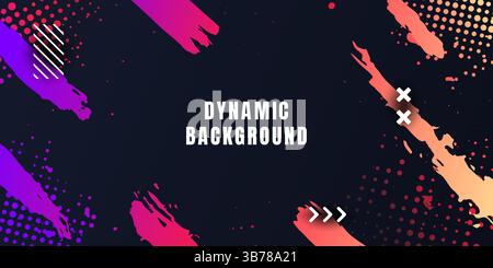 Vector illustration. Vibrant color background. Flowing color paint brush strokes with memphis pattern elements and halftone dots. Dynamic design Stock Vector