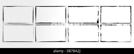 Vector illustration. Set of 8 horizontal panoramic frames in grunge style. Dirty borders collection on white transparent background. Layer design Stock Vector