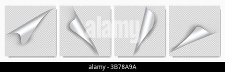 Vector illustration. Realistic set of 4 curled glossy paper corners with soft shadows on transparent background. Folded blank page. Design elements Stock Vector
