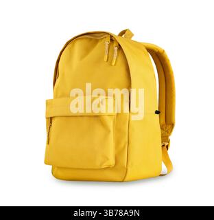 Single yellow backpack isolated with shadow on white background.Schoolbag,rucksack,knapsack. Stock Photo