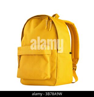 Single yellow backpack isolated  on white background.Schoolbag,rucksack,knapsack. Single object. Stock Photo