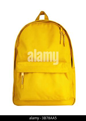 Single yellow backpack isolated  on white background.Schoolbag,rucksack,knapsack. Single object.Front view. Stock Photo