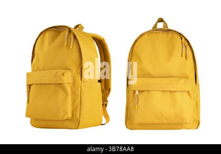 Yellow backpack set isolated on white.Travel bag different  side view.Schoolbag, rucksack object. Tourist's,school item. Stock Photo
