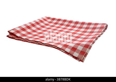 Checkered picnic folded kitchen cloth, food decor. Red checked tablecloth. Isolated towel. Country cusine. Stock Photo