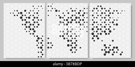 Vector illustration. Set of 3 backgrounds. Grey hexagonal grid with black dots forming a digital world map. Global network concept. Design for poster Stock Vector