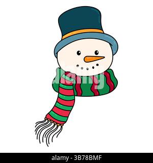 Cute Snowman Head Icon. Hand Drawn Snowman head with blue hat and green scarf isolated on white background Stock Vector